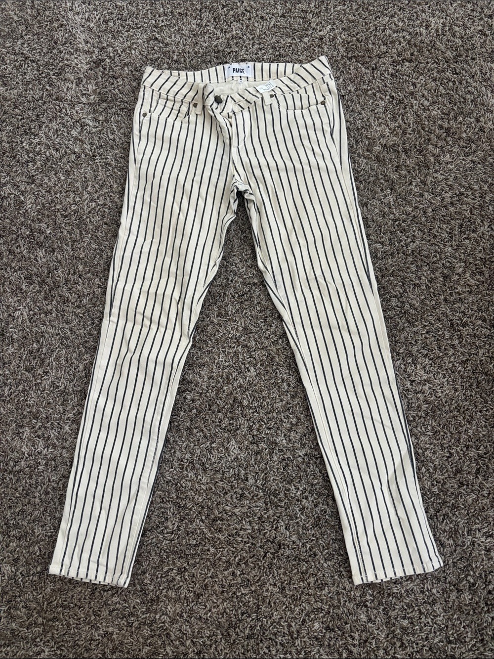 PAIGE Cream with Black Pinstripe Straight Jeans